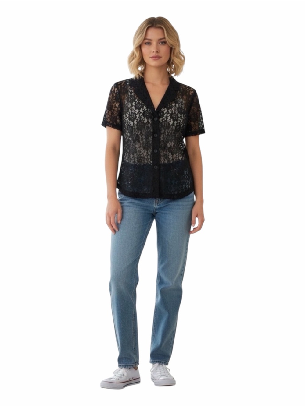 Magique Black Floral Sheer Lace Short Sleeve Button Down Top